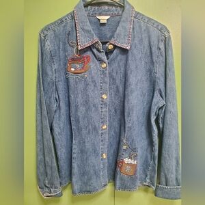 Christopher & Banks Blue Denim Shirt with Hot Chocolate Embroidery